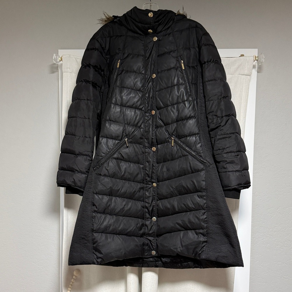 Michael Kors Women Black Quilted Puffer Coat Faux Fur Hood 1X